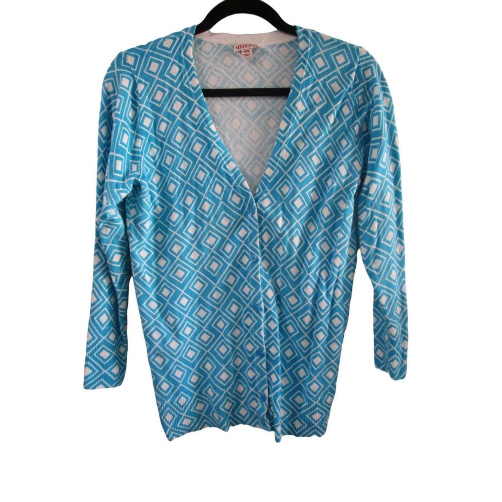 Merona Bright Blue White Diamond Pattern V Neck Ladies Medium Cardigan
